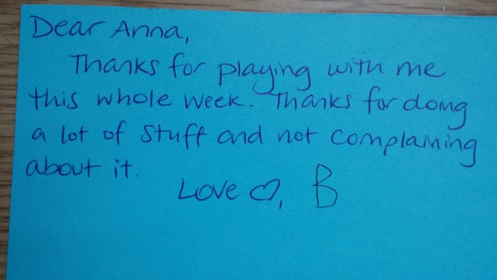 Note from our 6-year-old, Braedon, to our 11-year-old, Anna, with a little help from Mom.